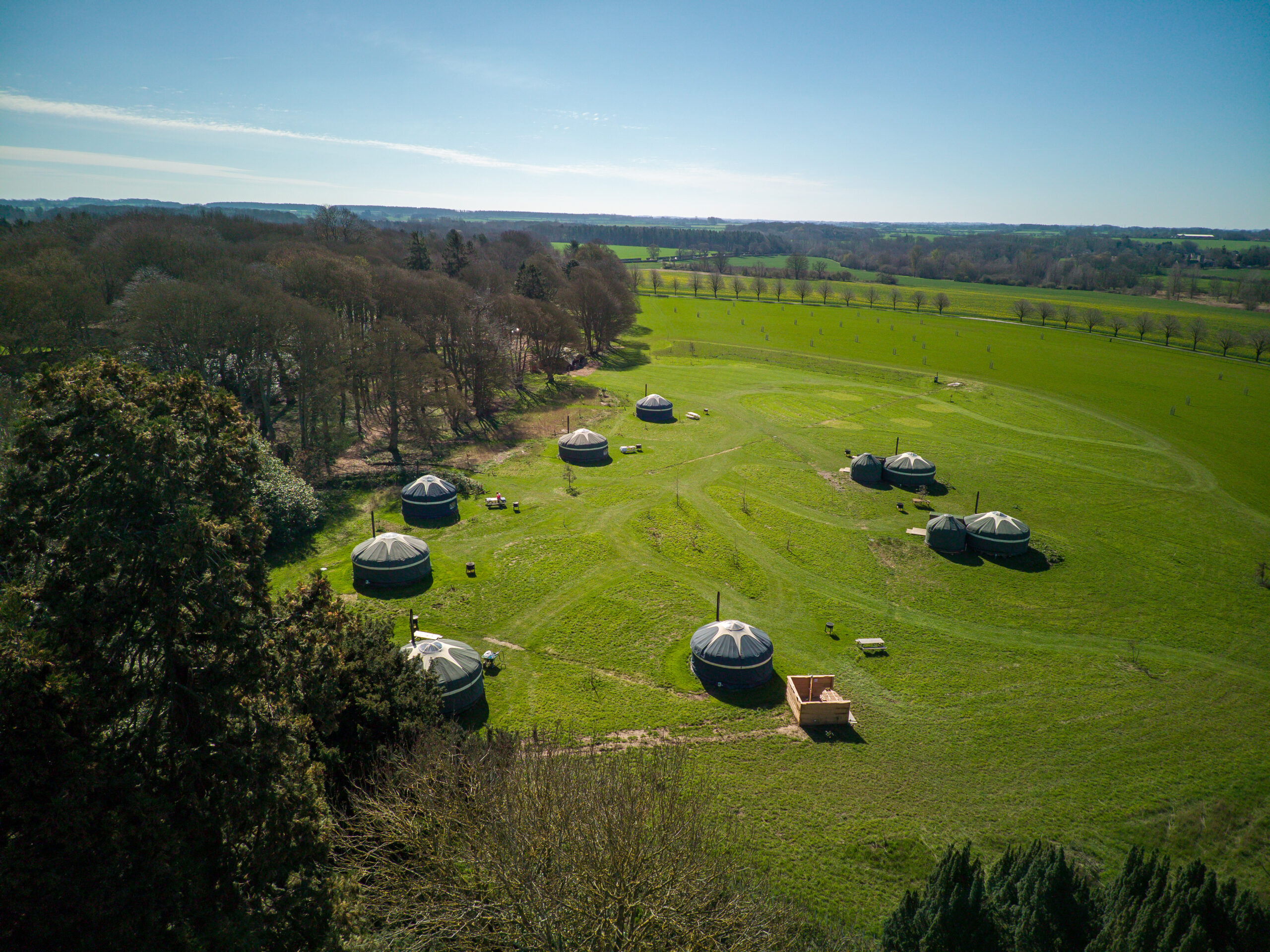 Aerial shot of Wild Meadow Glamping at Raynham Estate