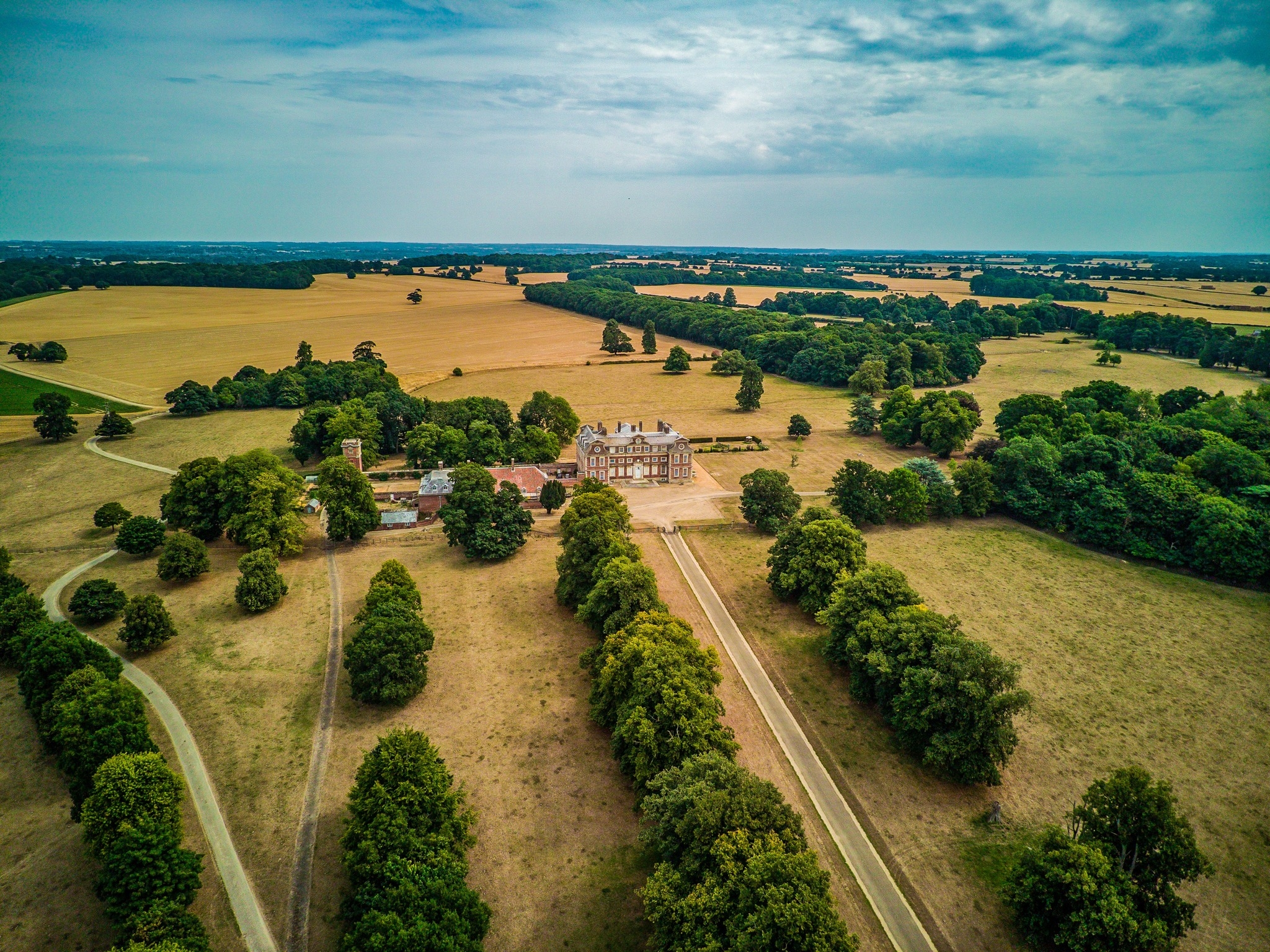 An aerial view of Raynham Hall