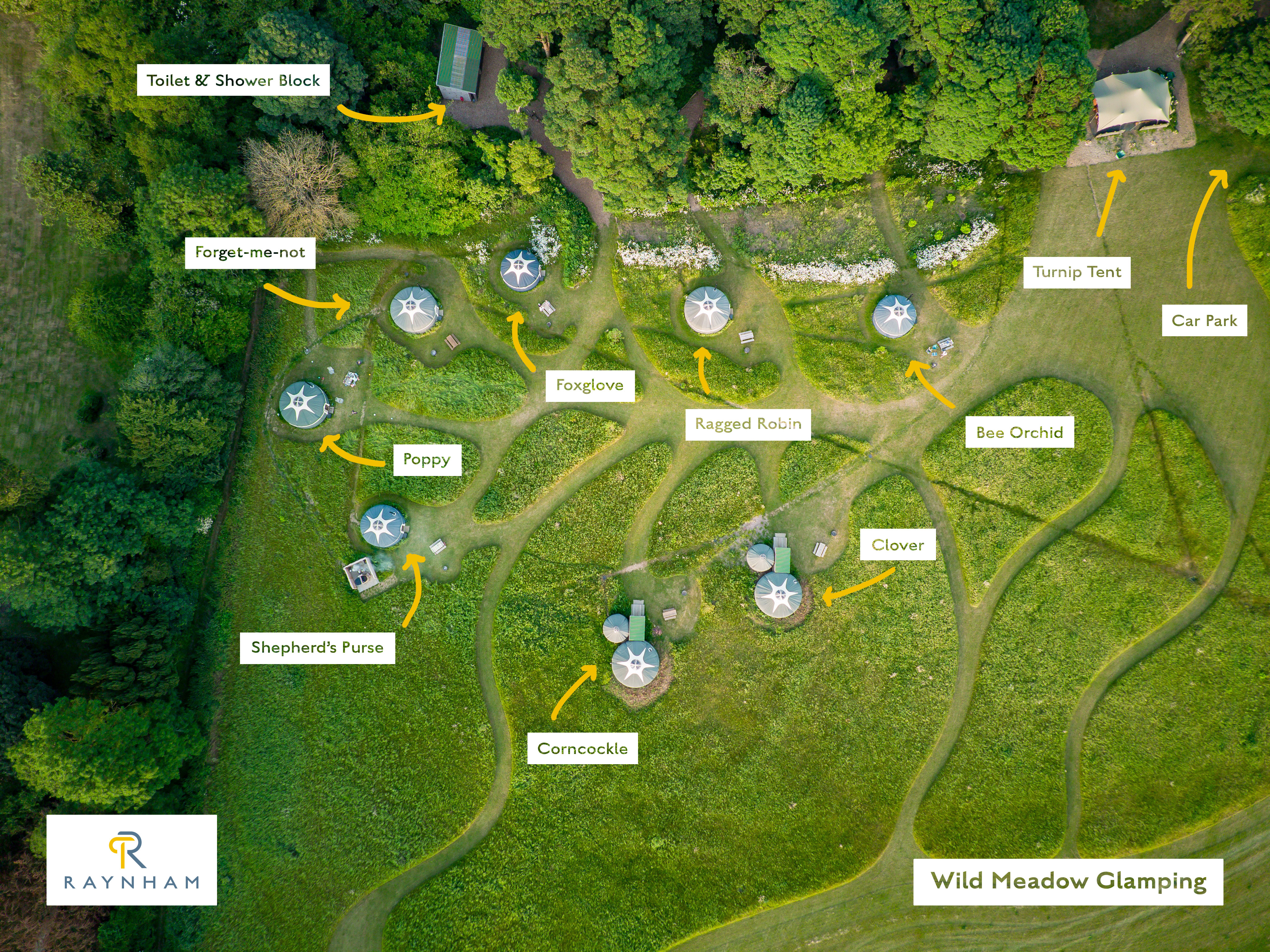 Aerial view & map of the Wild Meadow Glamping at Raynham Estate