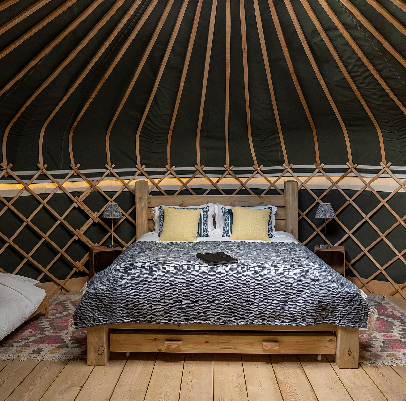 An interior shot of the Forget-me-not Yurt at Raynham Estate Glamping, Norfolk