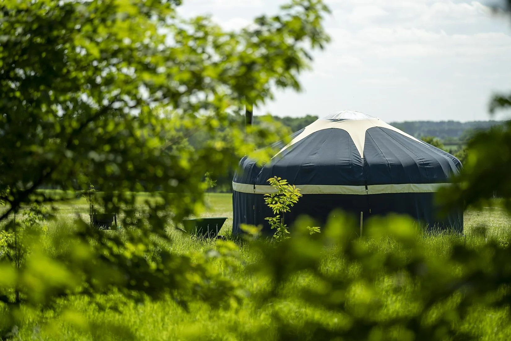 An exterior shot of the Foxglove Yurt at the Wild Meadow Luxury Glamping on Raynham Estate, Norfolk