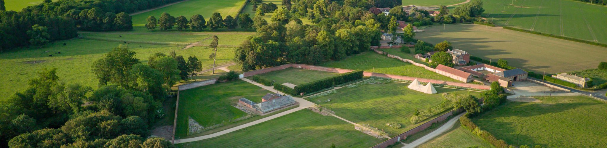 Drone image of Raynham walled garden event space